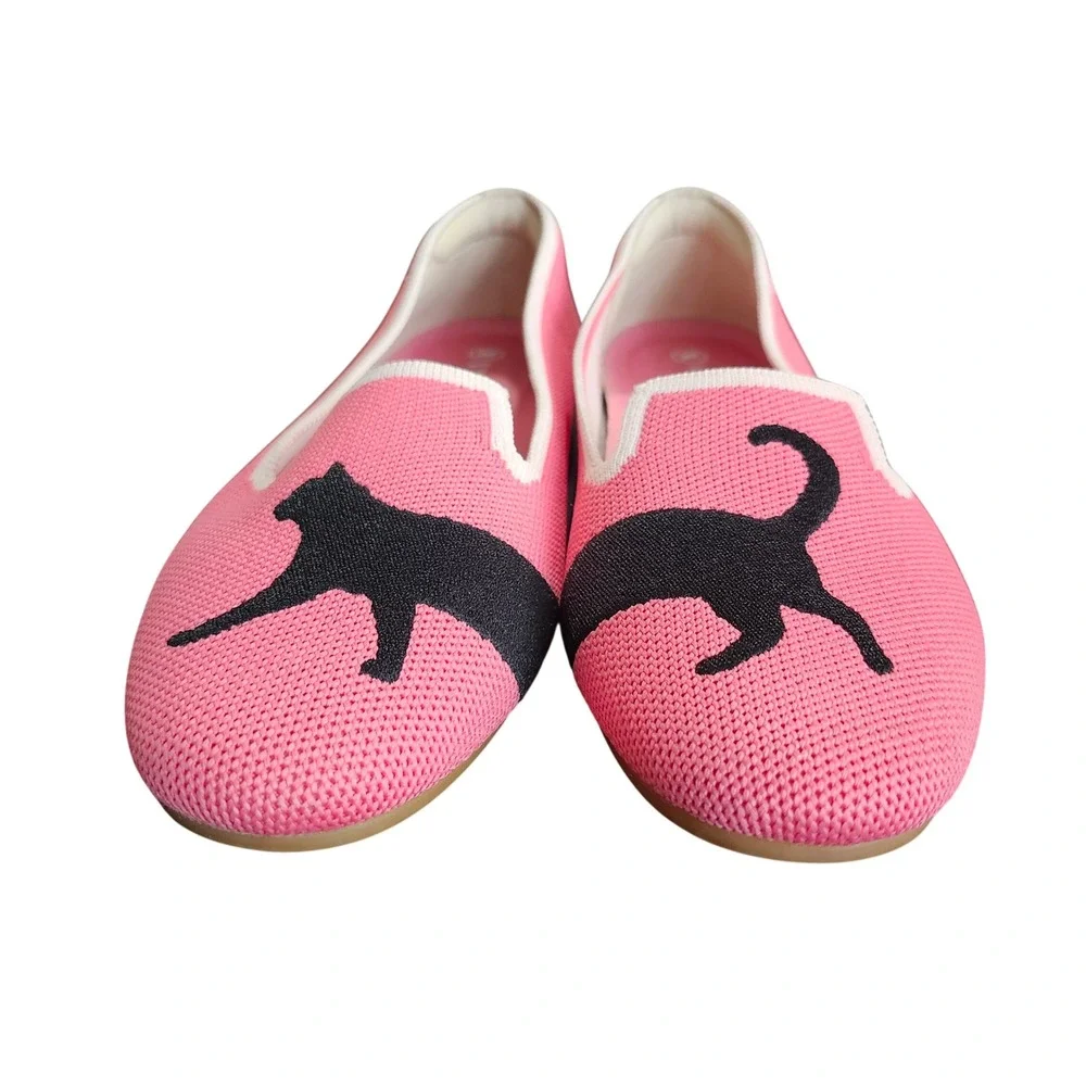 VIVAIA Cat Knit Loafers Pink Black Slip On Flats EU 35 Women's Washable Shoes
